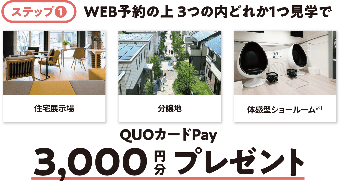 ステップ1WEB予約の上 3つの内（住宅展示場、分譲地、体感型ショールーム※1）どれか1つ見学でQUOカードPay3,000円分プレゼント